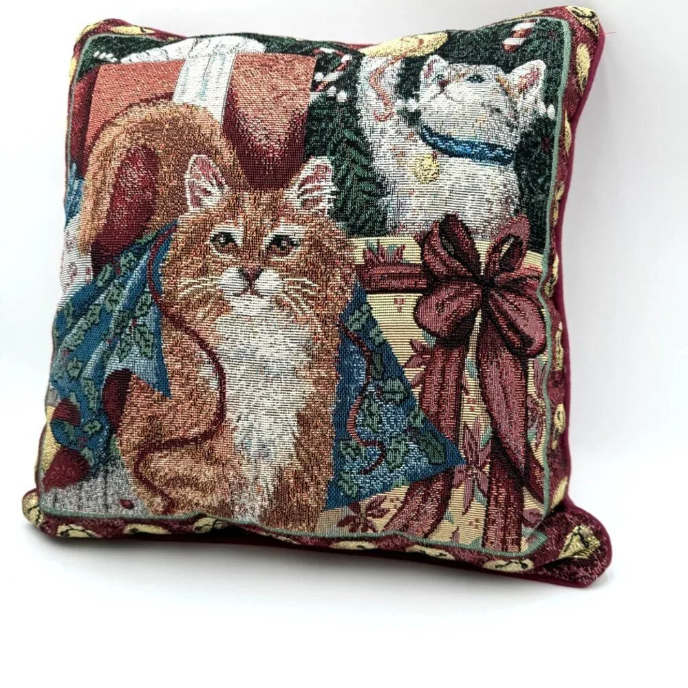 Vtg Christmas Curiosity CATS THROW Pillow WHIMSICAL KITTY WOVEN TAPESTRY Granny